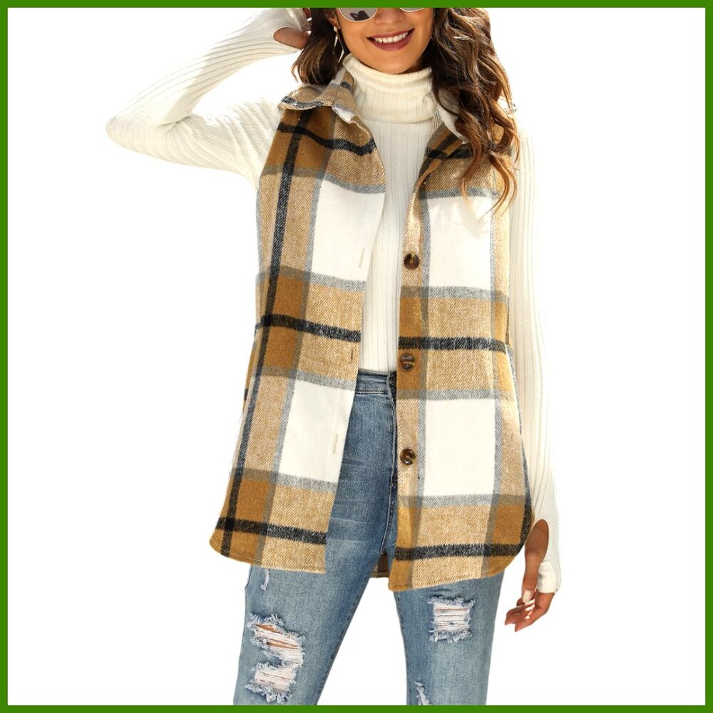 Flannel Plaid Vest Button Down Sleeveless Shirt Jacket With Pockets